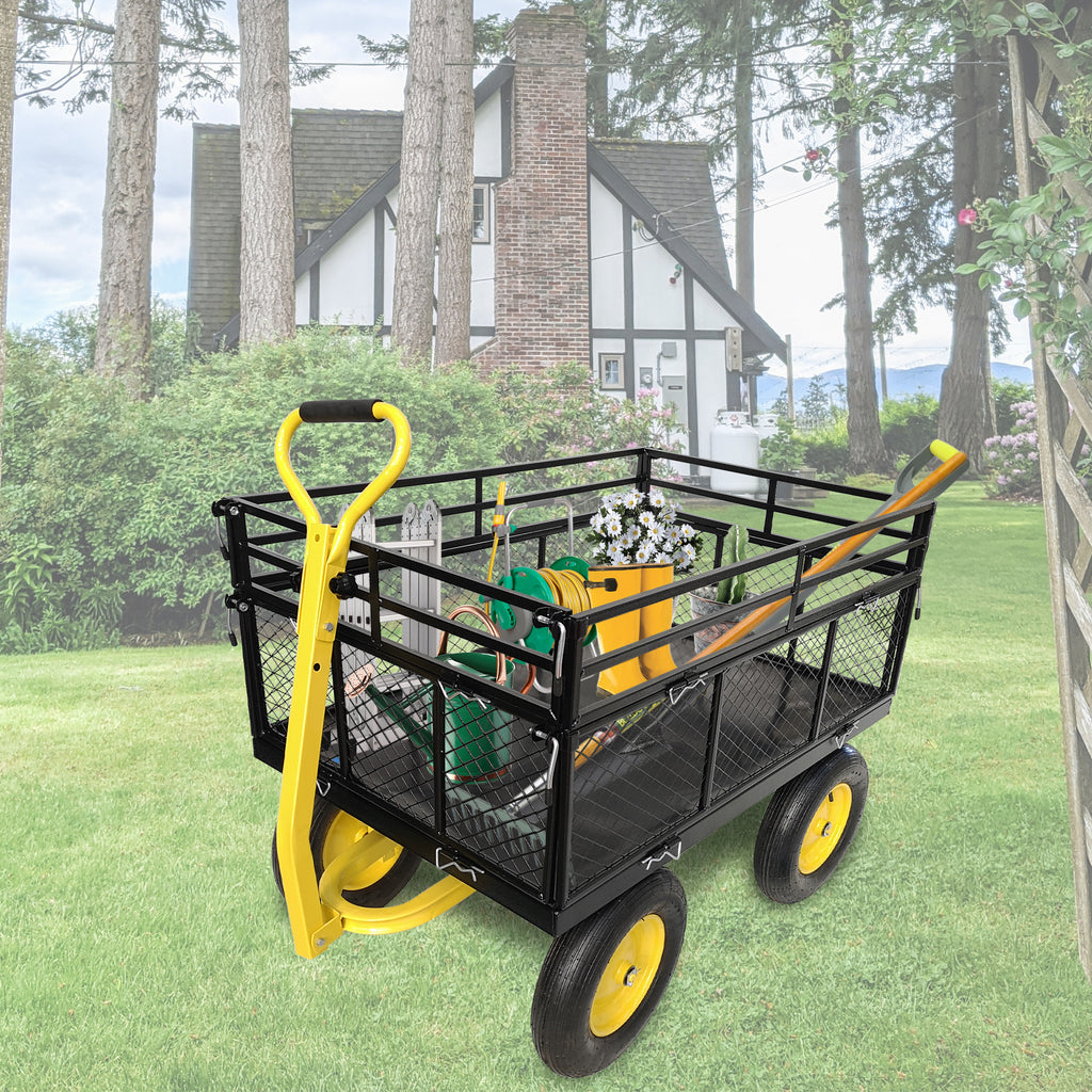 Leoglint Steel Garden Cart, Heavy Duty 1400 lbs Capacity, with Removable Mesh Sides to Convert into Flatbed, Utility Metal Wagon with 2-in-1 Handle and 16 in Tires, Perfect for Garden, Farm, Yard