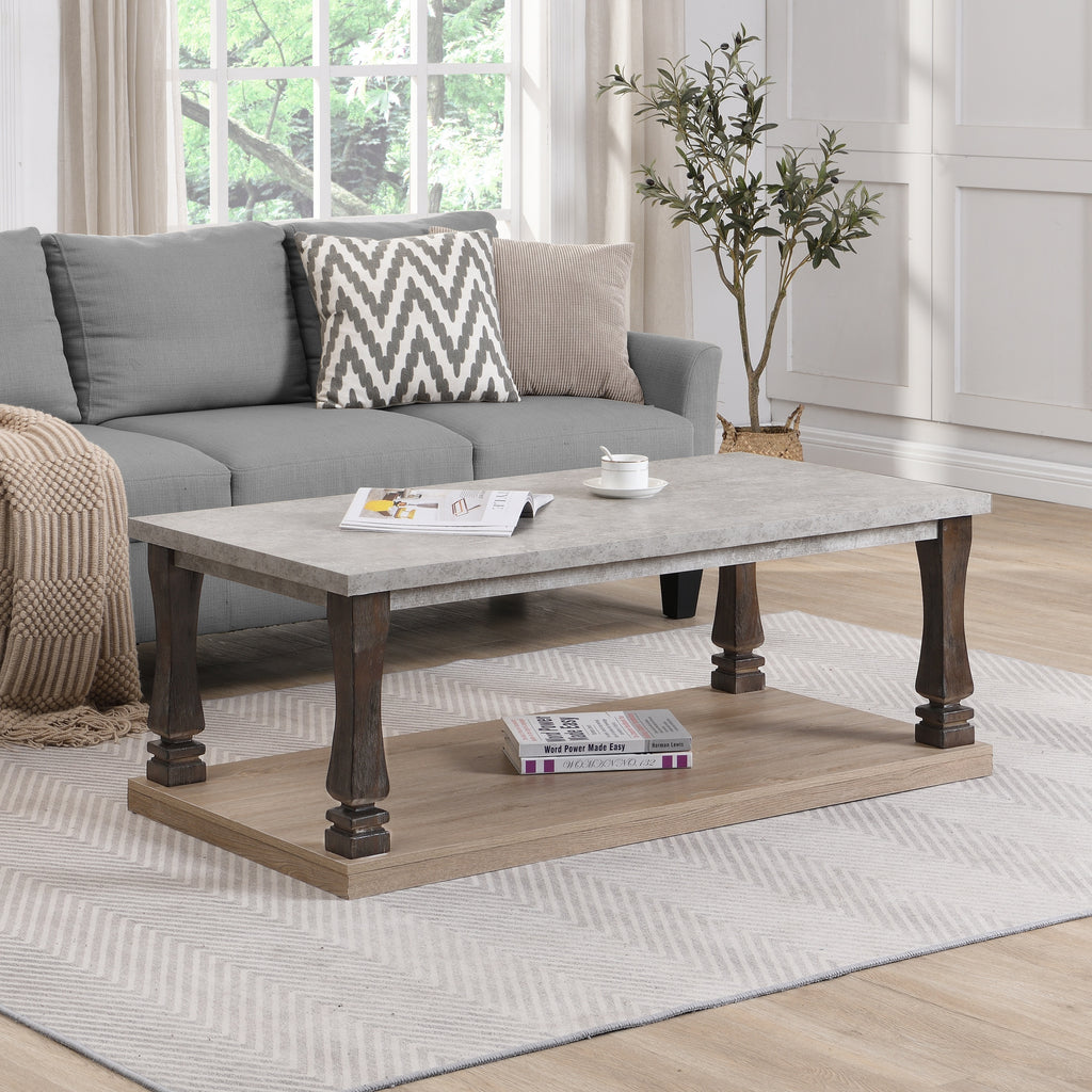 Leoglint Rectangle Mid-Century Coffee Table for Living Room, Wood Coffee Table with 2-Tier Storage Shelf, Square Center Table Wooden Accent Cocktail End Table for Home, Grey Tabletop