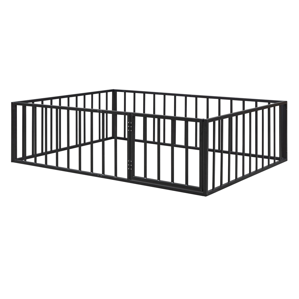 Leoglint Full Size Metal Floor Bed Frame with Fence and Door, Black