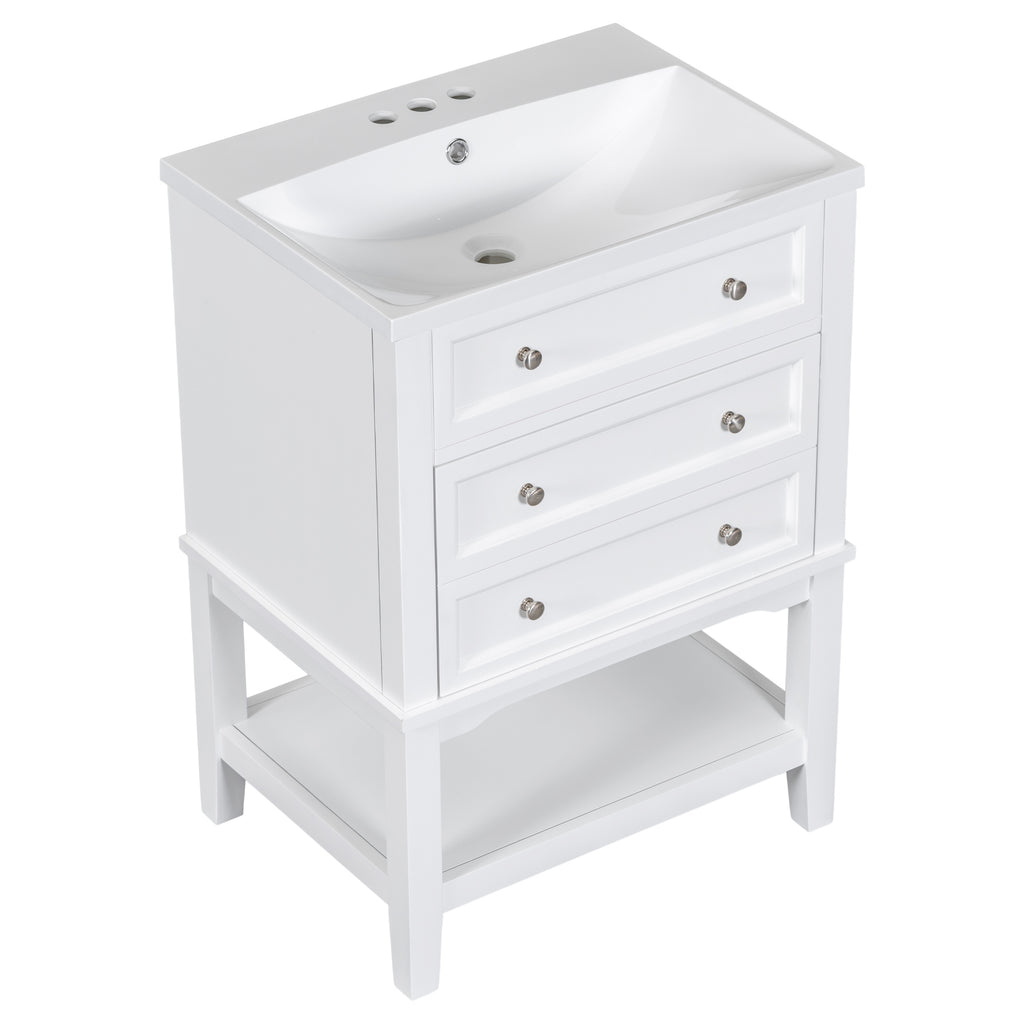 Leoglint 24" Bathroom Vanity With Sink, Bathroom Storage Cabinet with Drawer and Open Shelf, Solid Wood Frame, White