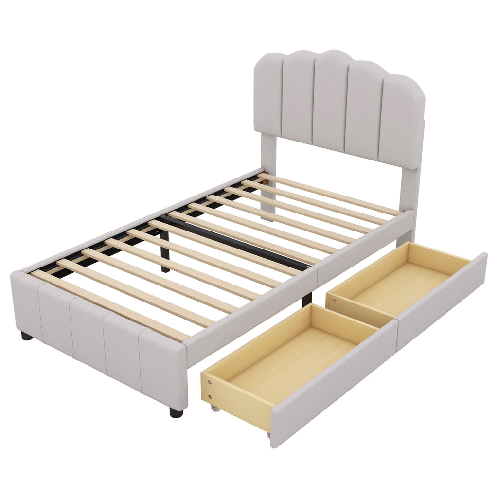 Leoglint Twin Size Upholstered Bed Frame with 2 Storage Drawers,Wood Slat Support, Beige