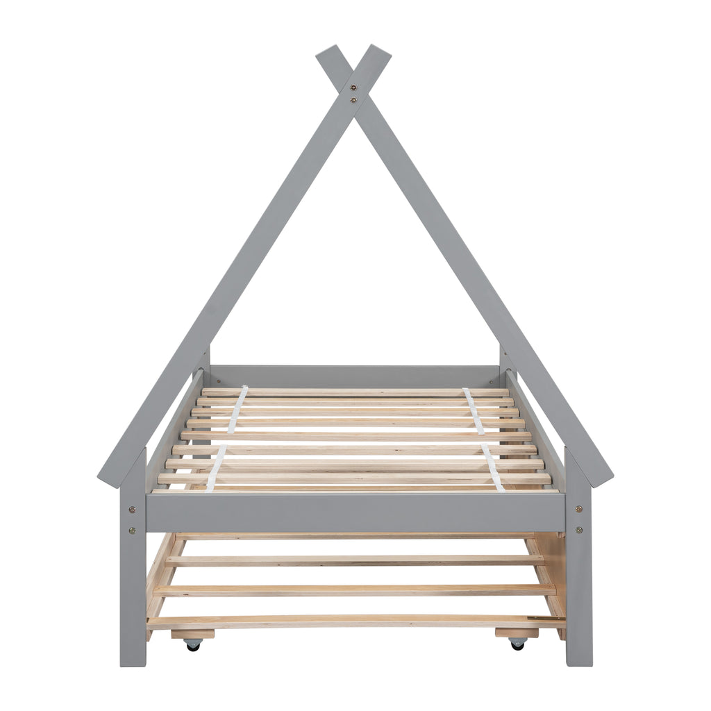 Leoglint Twin size Tent Floor Bed Frame, Teepee Bed, with Trundle,Grey