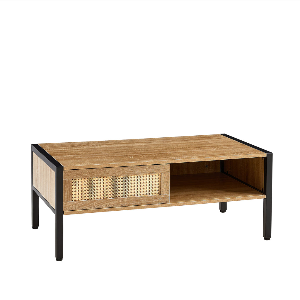 Leoglint 40.16" Rattan Coffee table, sliding door for storage, metal legs, Modern table  for living room , natural