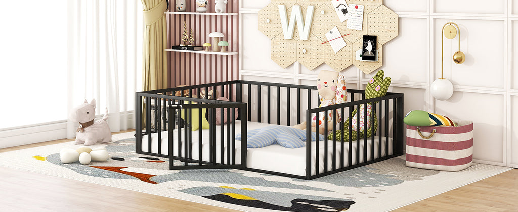 Leoglint Full Size Metal Floor Bed Frame with Fence and Door, Black