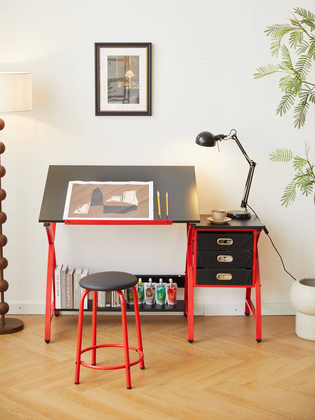 Leoglint Office desk drafting table red with stool