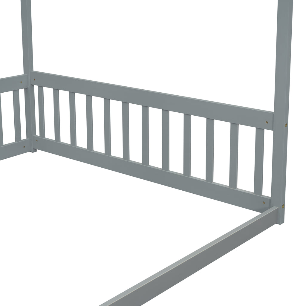 Leoglint Bed Frame Full Size Canopy Frame Floor Bed with Fence, Guardrails,Grey