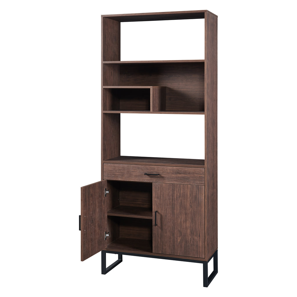 Leoglint 75.9"Modern Open Bookshelf with Doors, Bookcase with Storage drawer and LED Strip Lights,Free Standing Display Rack,Wooden Tall Bookshelf for Living Room and Office, Walnut