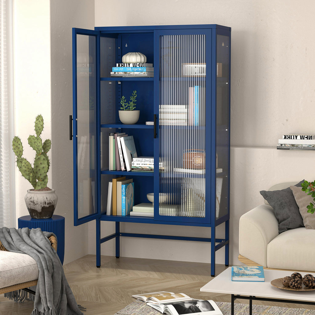 Leoglint Double Glass Door Storage Cabinet with Adjustable Shelves and Feet Cold-Rolled Steel Sideboard Furniture for Living Room Kitchen BLUE