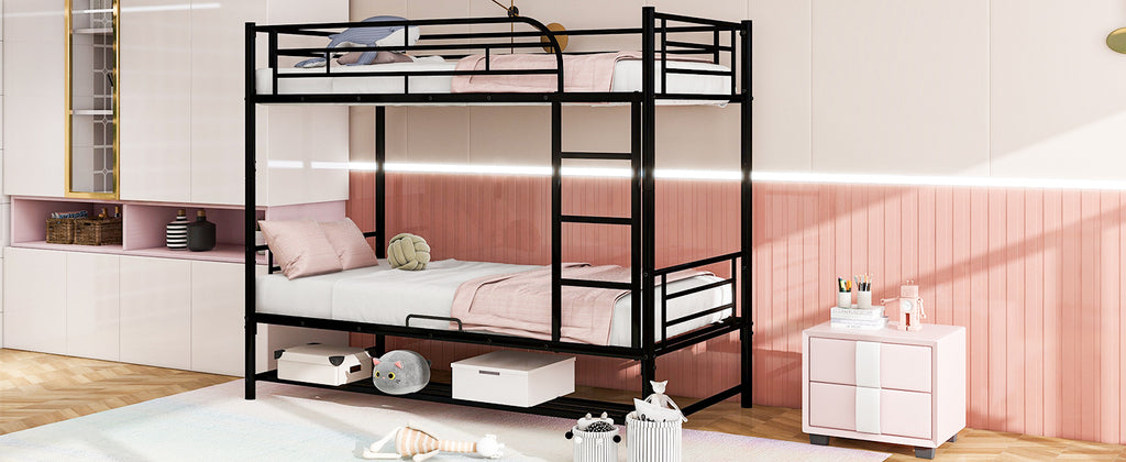 Leoglint Twin Over Twin Metal Bunk Bed Frame with Shelf and Guardrails, Black