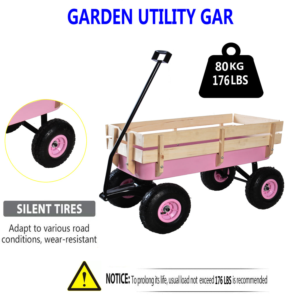 Leoglint Outdoor Wagon All Terrain Pulling w/Wood Railing Air Tires Garden Cart