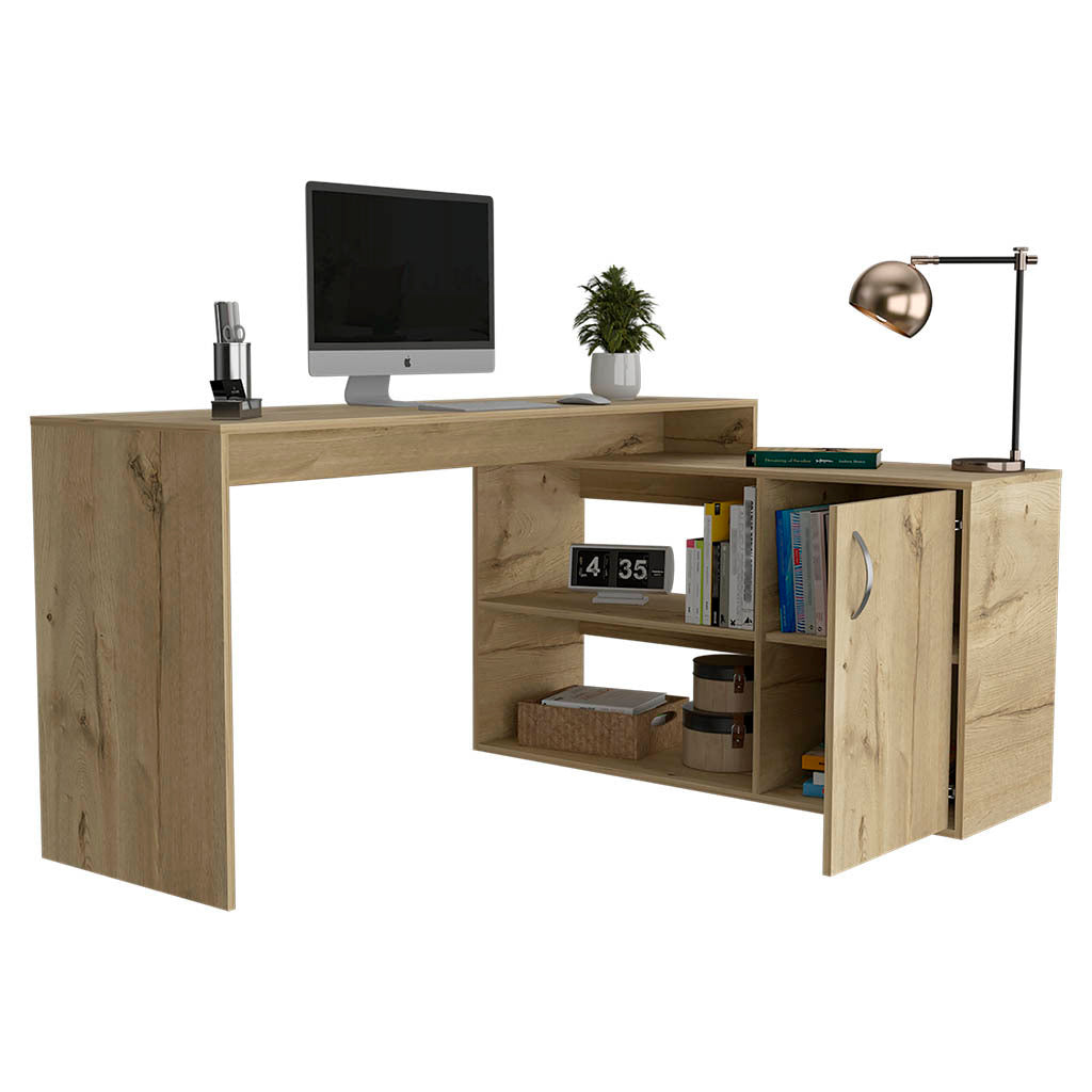 Leoglint Axis Modern L-Shaped Computer Office Desk with Open & Closed Storage -Light Oak