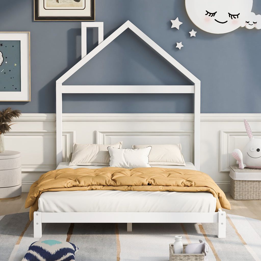 Leoglint Full Size Wood Platform Bed Frame with House-shaped Headboard  (White)