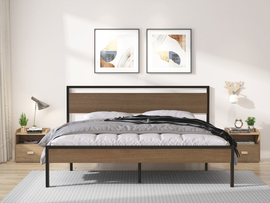 Leoglint Bed Frame Ceres Metal Bed, Black with Cinnamon Wood Headboard&Footboard, King