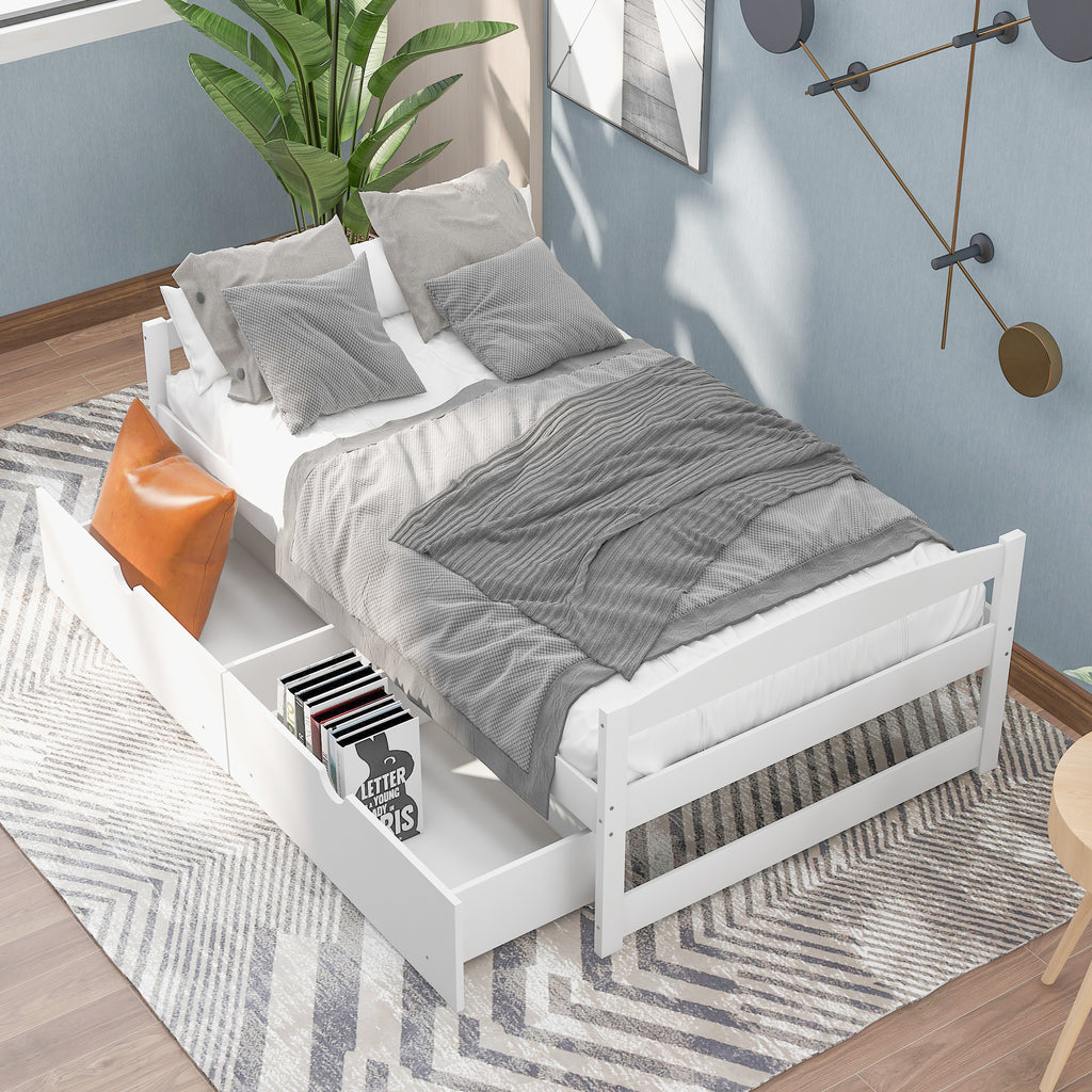 Leoglint Twin size platform bed frame, with two drawers, white