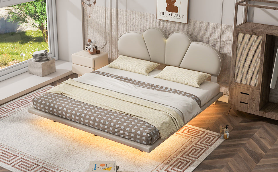 Queen Size Upholstery LED Floating Bed Frame with PU Leather Headboard and Support Legs,Beige