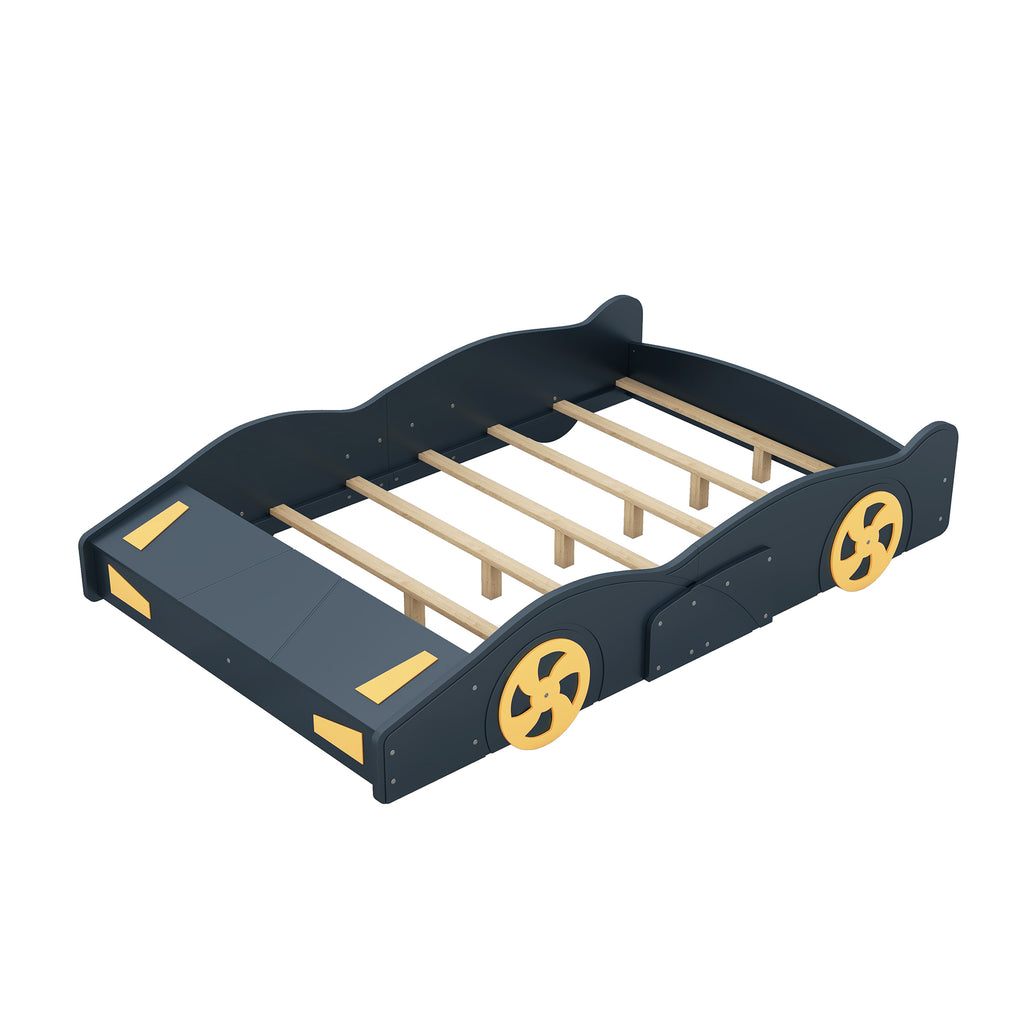 Leoglint Bed Frame Full Size Race Car-Shaped Platform Bed with Wheels and Storage, Dark Blue+Yellow