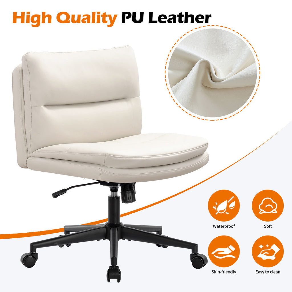 Leoglint Office Chair Armless Desk Chair with Wheels, PU Padded Wide Seat Home Office Chairs, 120° Rocking Mid Back Cute Computer Chair for Bedroom, Vanity, Makeup