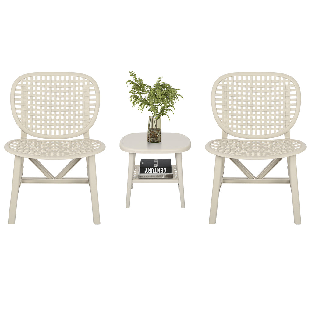 Leoglint 3 Pieces Hollow Design Retro Patio Table Outdoor Chair Set All Weather Conversation Bistro Set Outdoor Table with Open Shelf and Lounge Chairs with Widened Seat for Balcony Garden Yard White