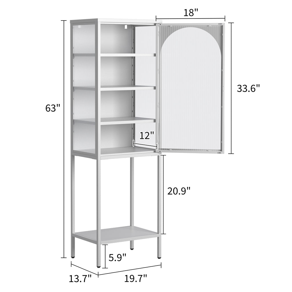 Leoglint Metal Glass Door Display Storage Cabinet - 5-Tier Cube Bookshelf Storage Cabinet with 3 Adjustable Shelves For kitchen, dining room, living room, bathroom, home office,White