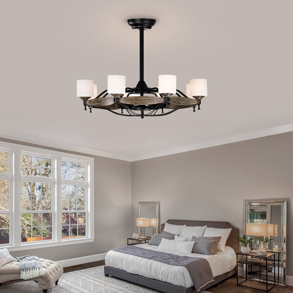 Leoglint Pendant Dia 33 inch Chandelier Ceiling Fan for Bedroom Dining Room Living Room Kitchen Farmhouse Entry,Matte Black+  Wood Grain