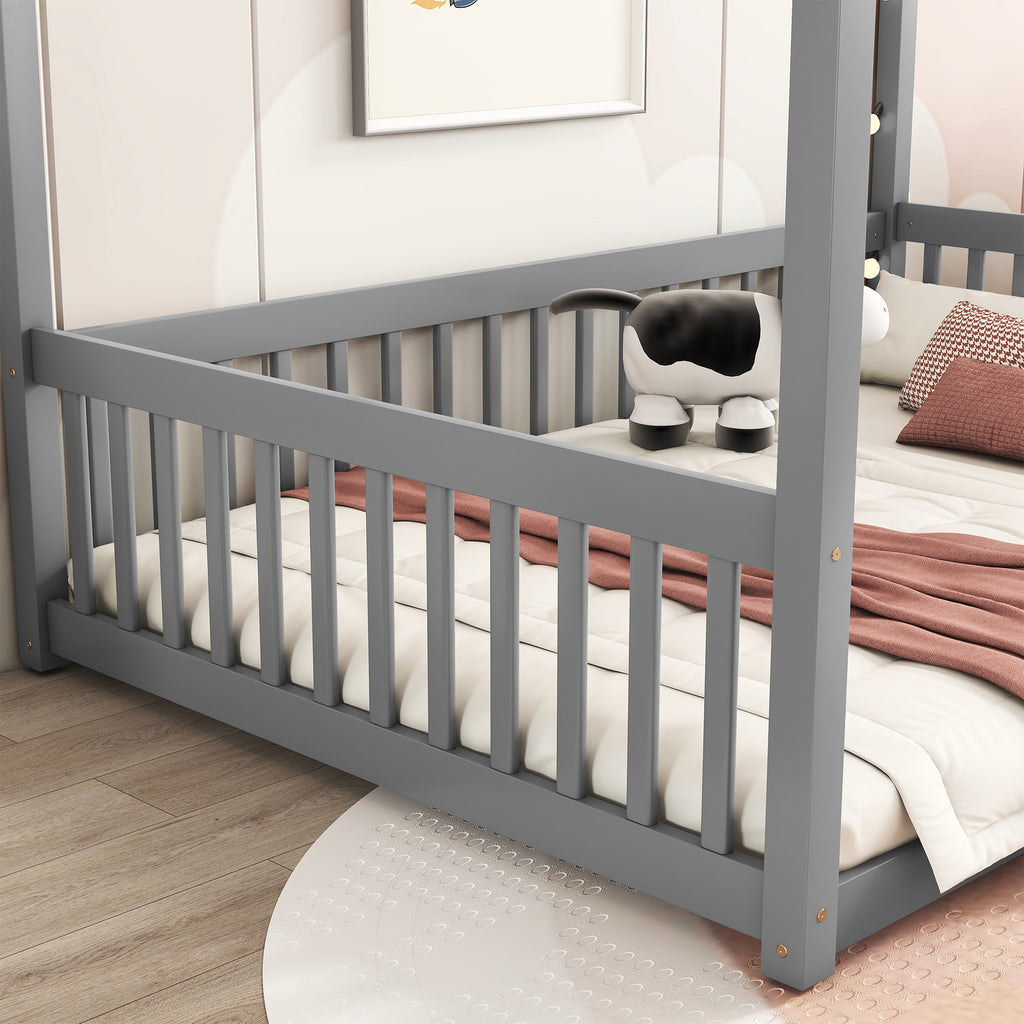 Leoglint Bed Frame Full Size Canopy Frame Floor Bed with Fence, Guardrails,Grey