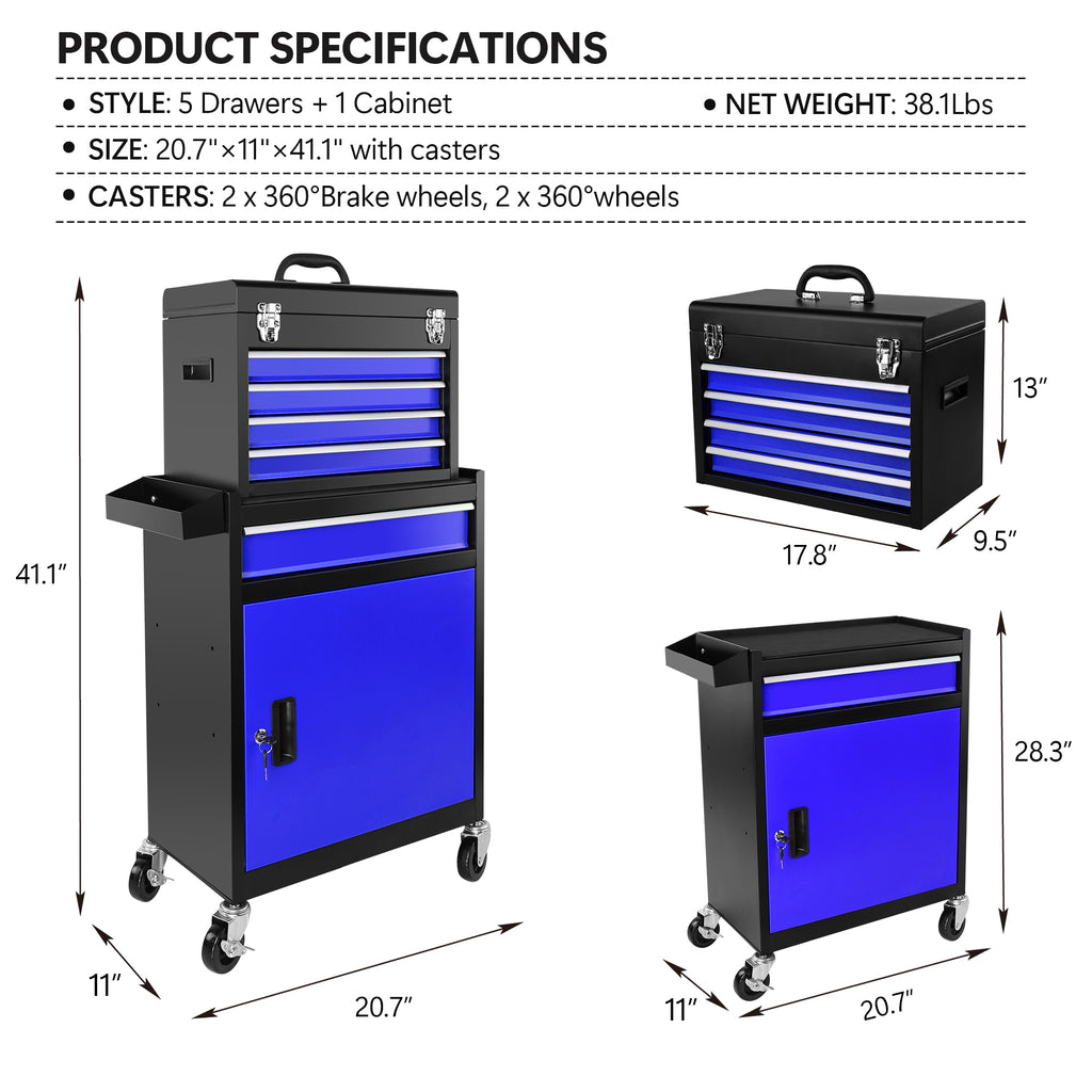 Leoglint 5-Drawer Rolling Tool Chest, High Capacity Tool Storage Cabinet W/Lockable Wheels, Anti-Slip Liner, Detachable Tool Box Organizer, Rolling Tool Cabinet