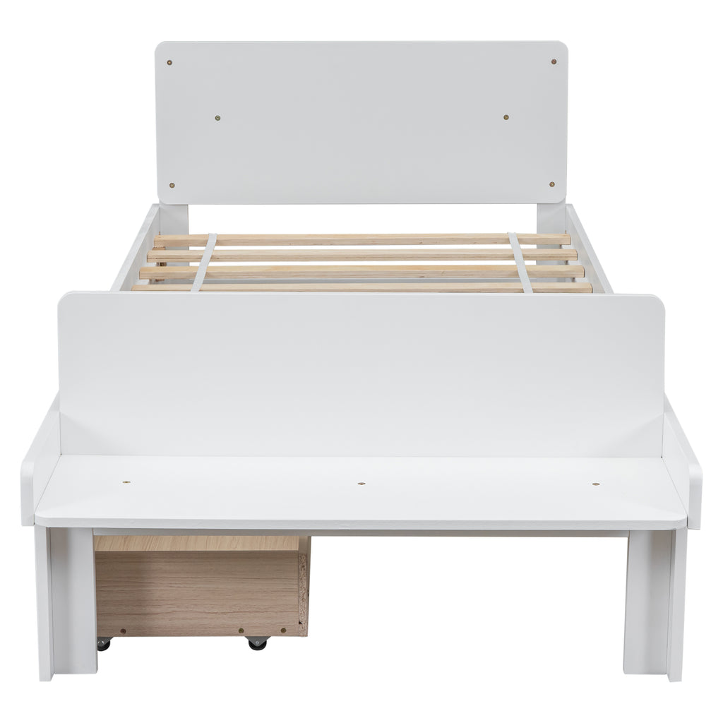 Twin Bed Frame with Footboard Bench,2 drawers,White