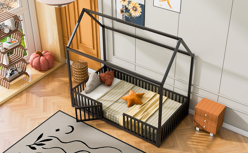 Leoglint Twin Size Metal House Bed Frame with Fence and Door, Black