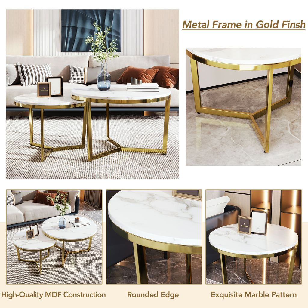 Leoglint Modern Round Nesting Coffee Table Set 2-Piece White & Marbling Top Gold Base