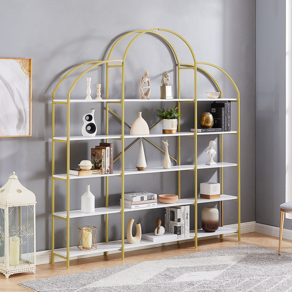 Leoglint 74.8 Inch 5 Tiers Office Bookcase Bookshelf, Display Shelf with Round Top, X Bar Gold Frame