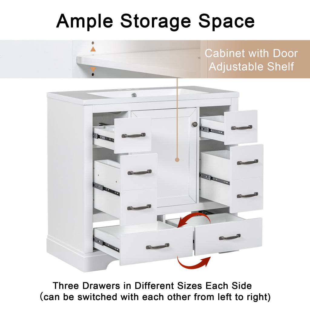 Leoglint 36" Bathroom Vanity without Sink, Cabinet Base Only, Six Drawers, Multi-Functional Drawer Divider, Adjustable Shelf, White