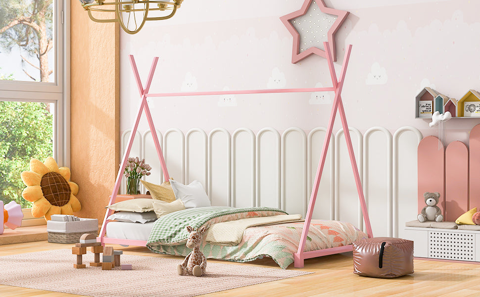 Metal Twin Size House Platform Bed Frame with Triangle Structure, Pink