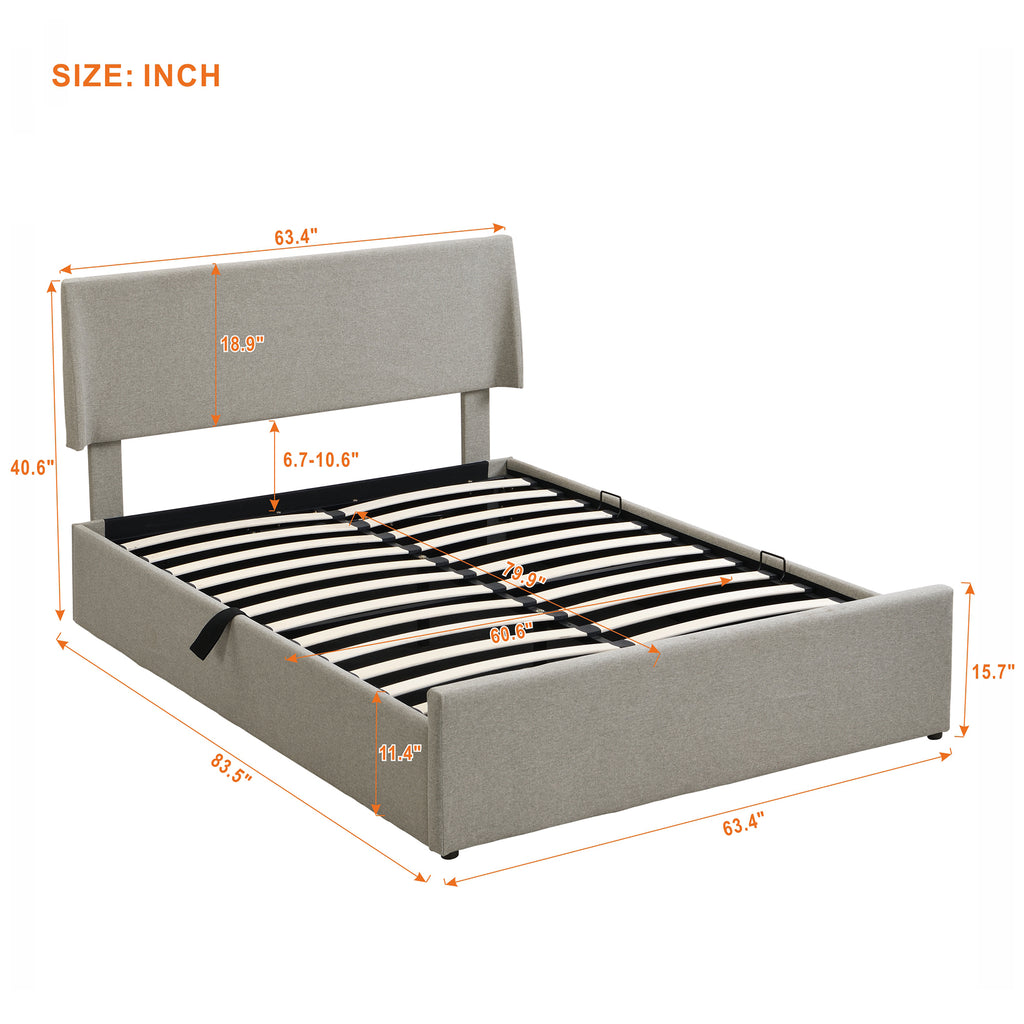 Queen Size Sleigh Bed Frame with Side-Tilt Hydraulic Storage System, Linen Upholstery, Gray