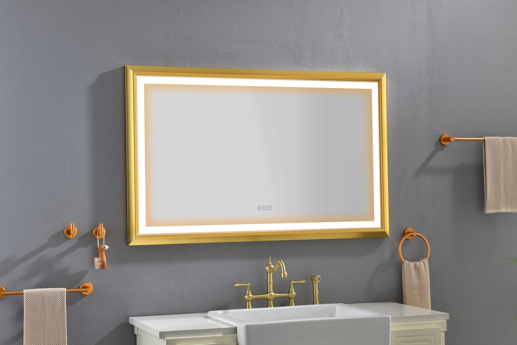 Leoglint 48 in. W x 30 in. H Oversized Rectangular Gold Framed LED Mirror Anti-Fog Dimmable Wall Mount Bathroom Vanity Mirror   Wall Mirror Kit For Gym And Dance Studio