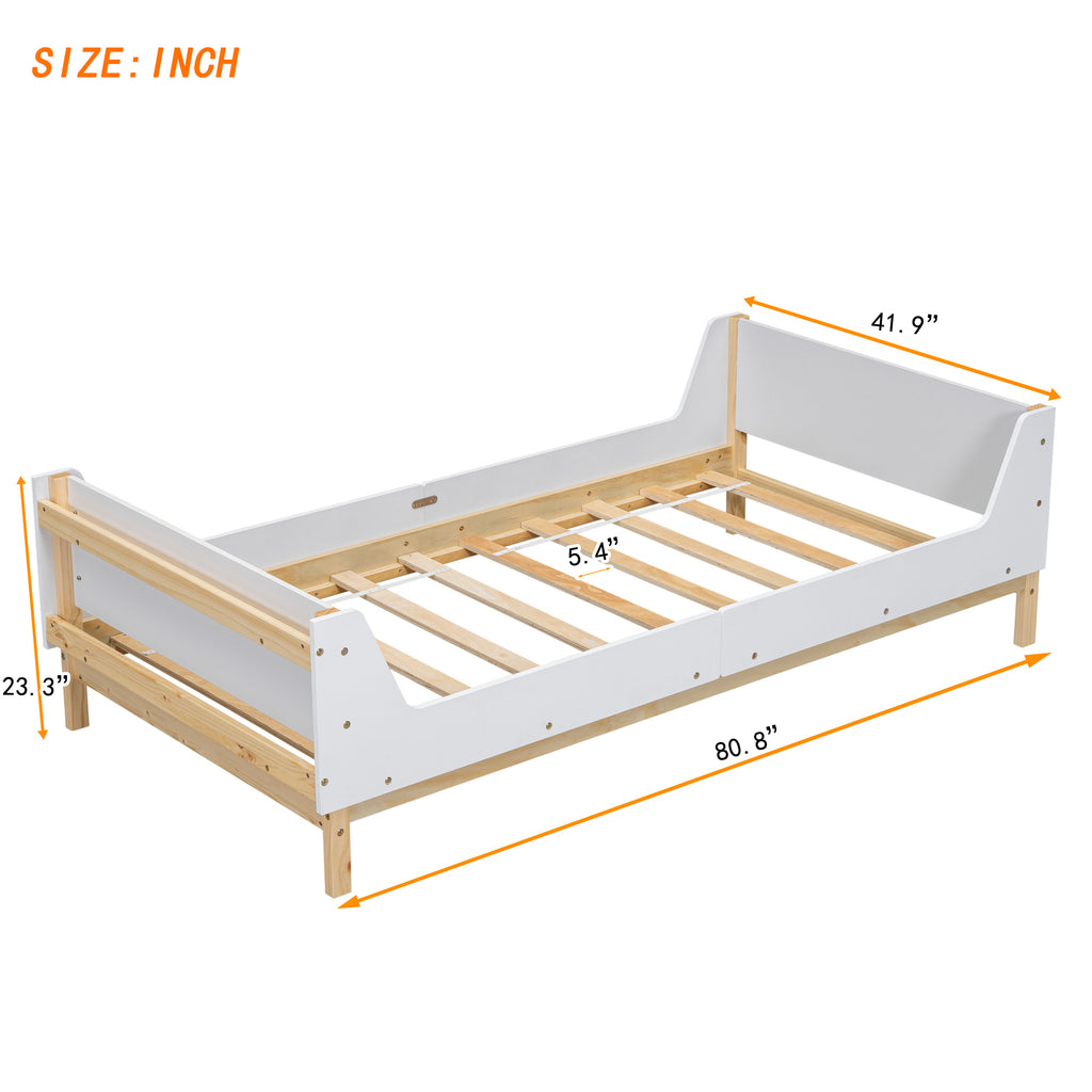 Twin Bed Frame with Headboard, Footboard, Safeguards,  Built-in Bed-end Book Storage Rack ,White