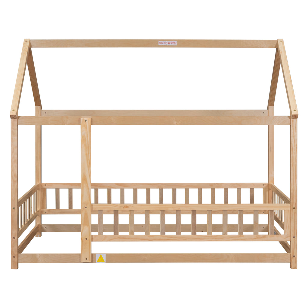 Leoglint Twin Size Floor Wooden Bed Frame with House Roof Frame, Fence Guardrails,Natural(Old SKU:W1791106616)