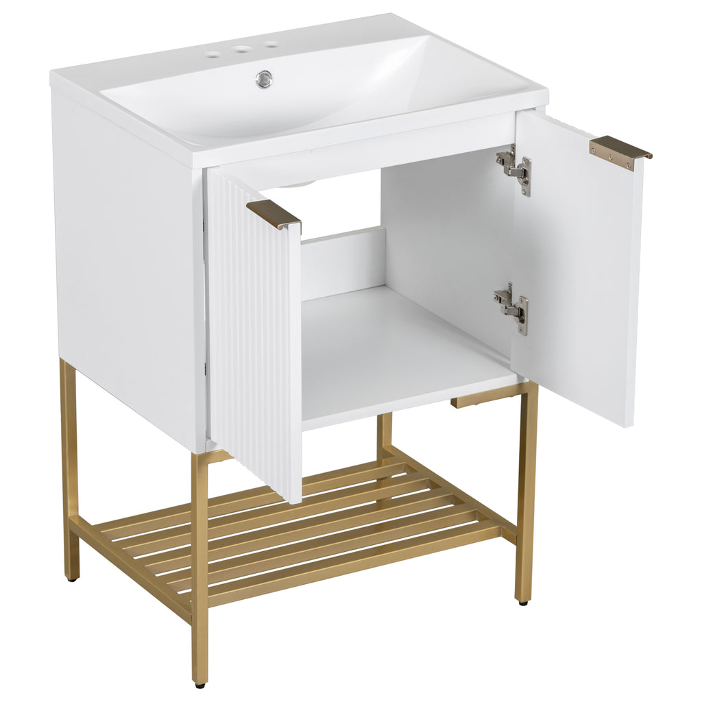 Leoglint 24" Bathroom Vanity with Sink, Bathroom Vanity Cabinet with Two Doors and Gold Metal Frame, Open Storage Shelf, White