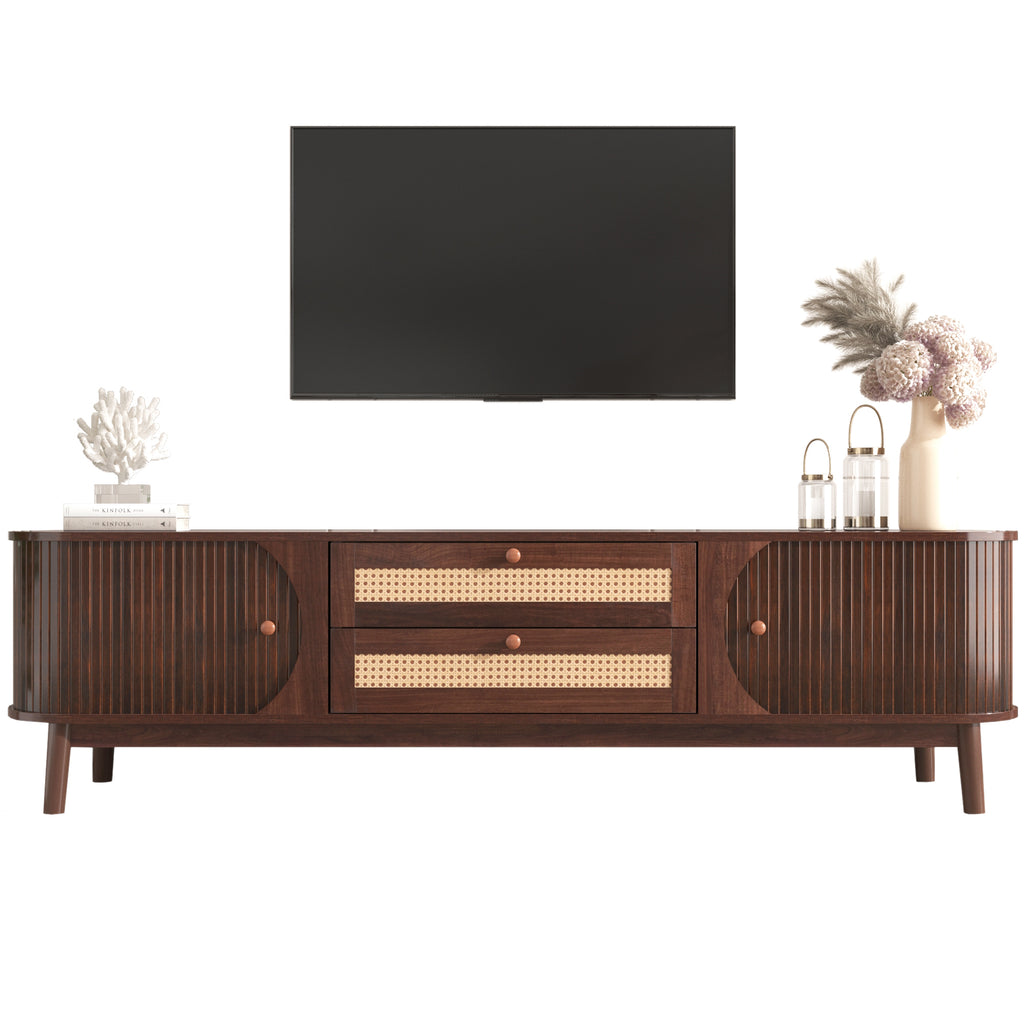 Leoglint Rattan TV Stand for TVs up to 75'', Modern Farmhouse Media Console, Entertainment Center with Solid Wood Legs, TV Cabinet for Living Room,Home Theatre