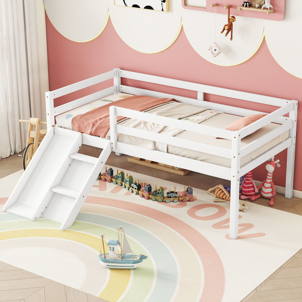 Twin Low Loft Bed Frame with Slide,  Ladder, Safety Guardrails, No Box Spring Needed,White