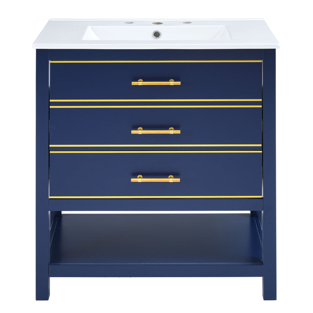 Leoglint [Viedo]Modern 30inch Navy Blue/White Bathroom Vanity Cabinet Combo with OpenStorge, Two Drawers