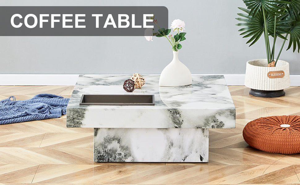 Leoglint A modern and practical coffee table, black and white in imitation marble pattern, made of MDF material. The fusion of elegance and natural fashion 31.4"* 31.4"* 12 "