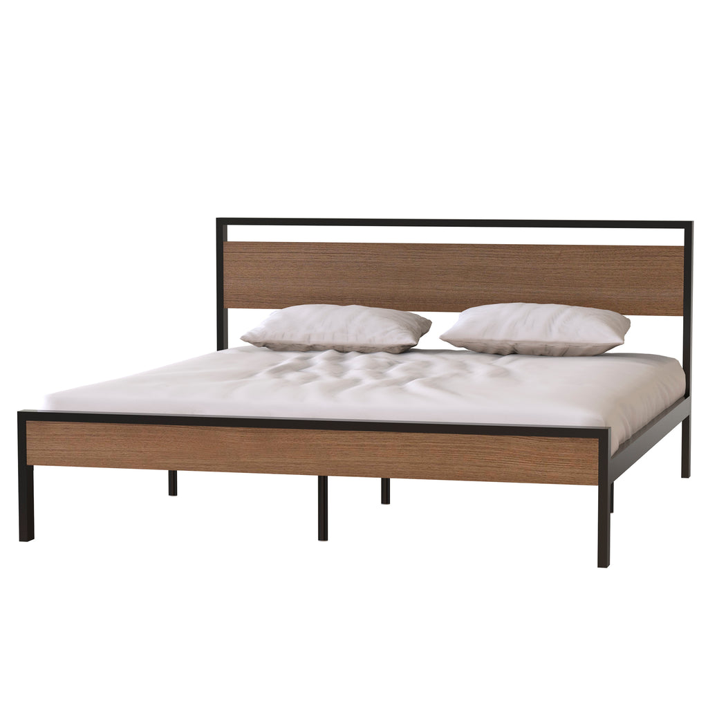 Leoglint Bed Frame Ceres Metal Bed, Black with Cinnamon Wood Headboard&Footboard, King