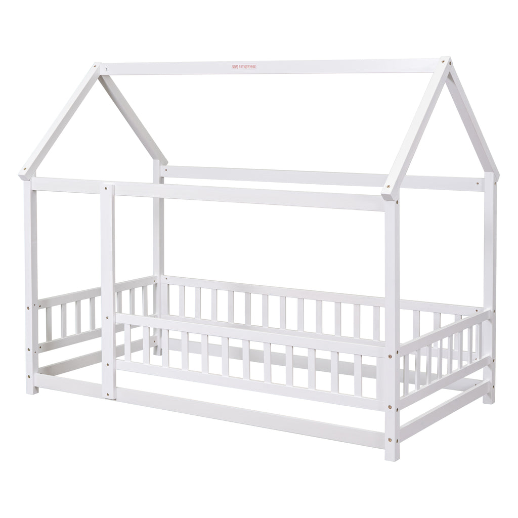 Leoglint Twin Size Floor Wooden Bed Frame with House Roof Frame, Fence Guardrails,White(Old SKU:W1791106615)