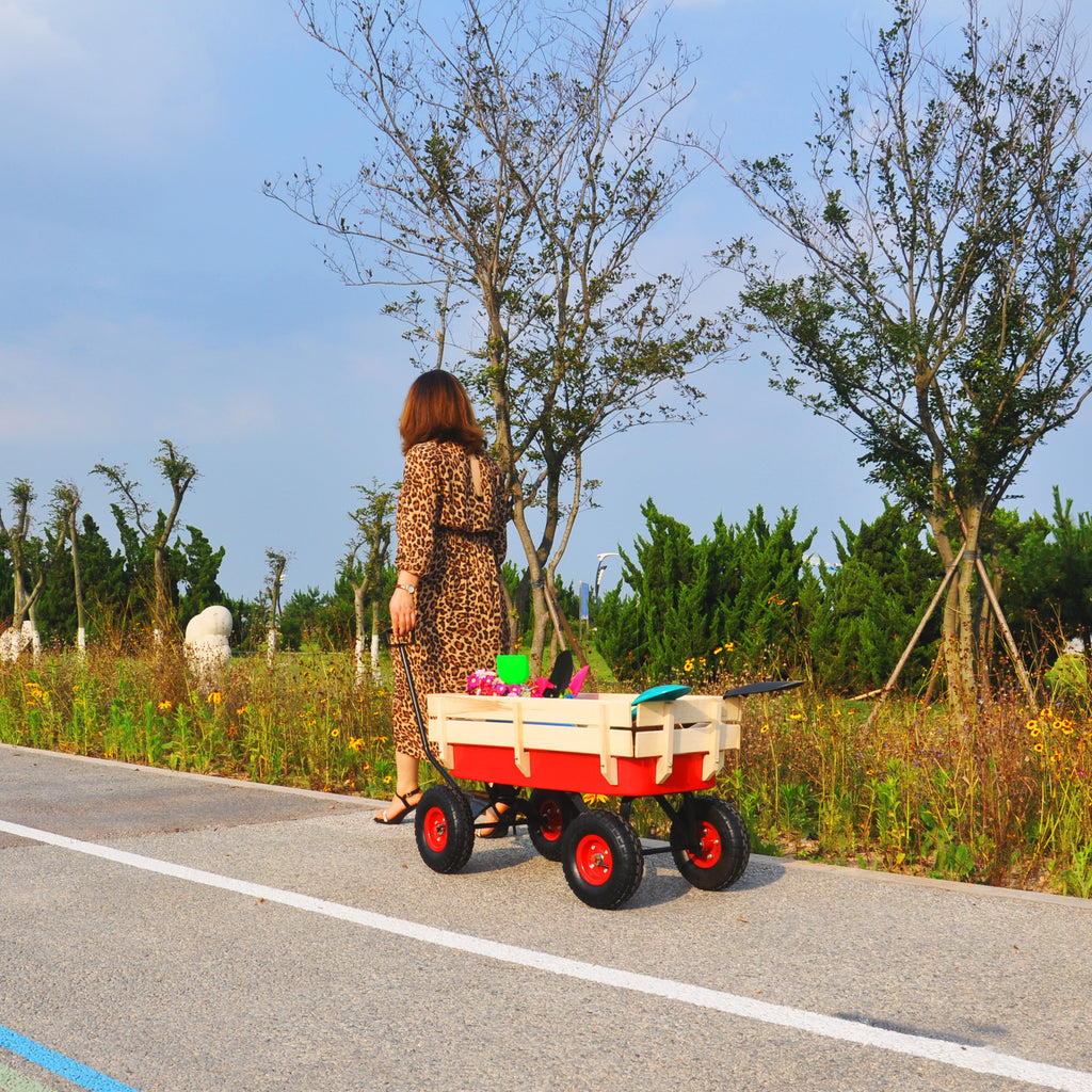 Leoglint Garden cart outdoor sport wagon tools cart wooden side panels air tires Wagon (red)