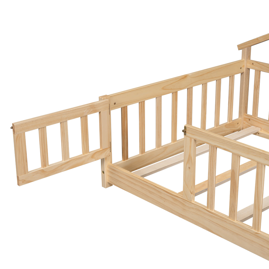 Twin House-Shaped Bedside Floor Bed Frame with Guardrails, Slats, with Door,Natural