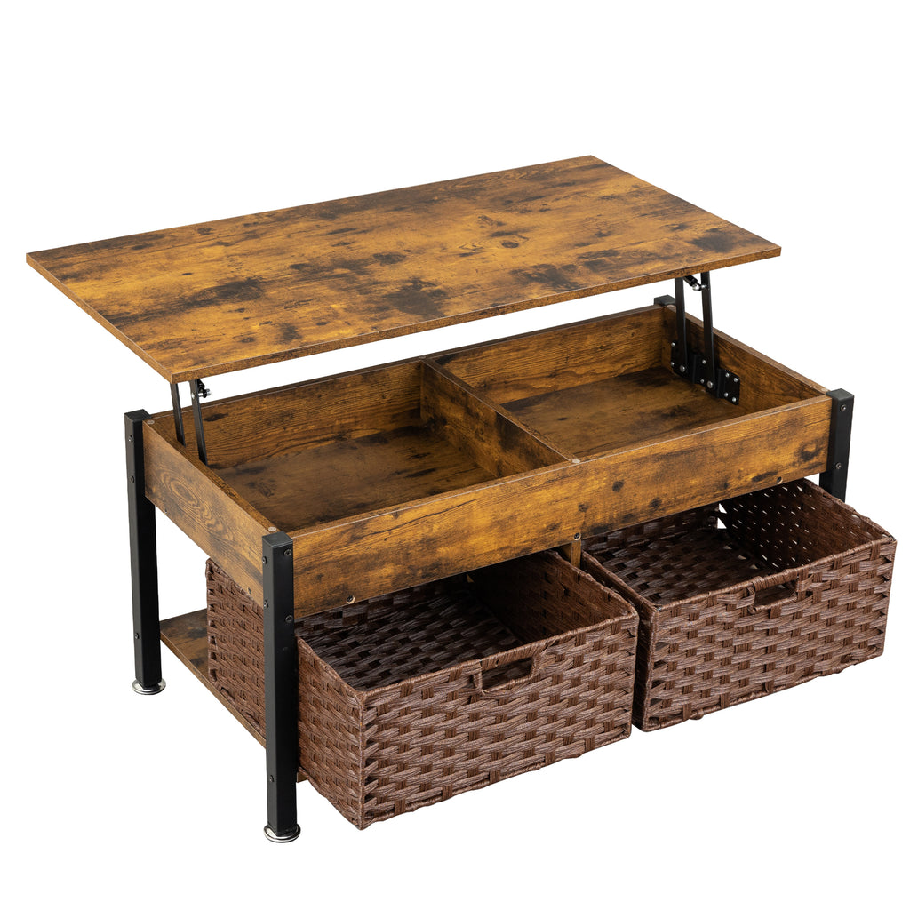 Leoglint Metal coffee table,desk,with a lifting table,and hidden storage space.There were two removable wicker baskets that could be placed in any space such as the living room,color:brown with fire wood grain