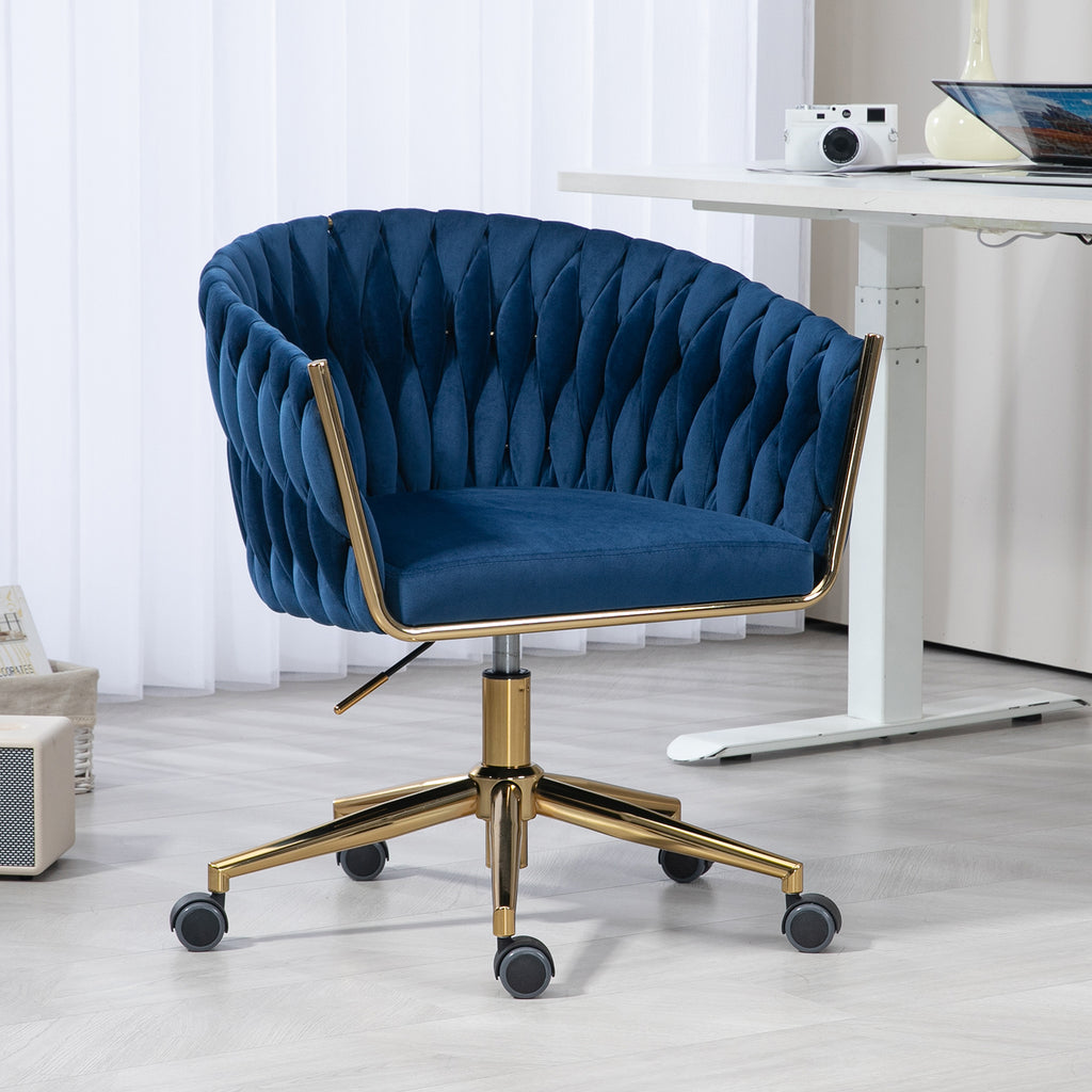 Leoglint Modern design the backrest is hand made woven Office chair,Vanity chairs with wheels,Height adjustable,360° swivel for bedroom, living room(BLUE)