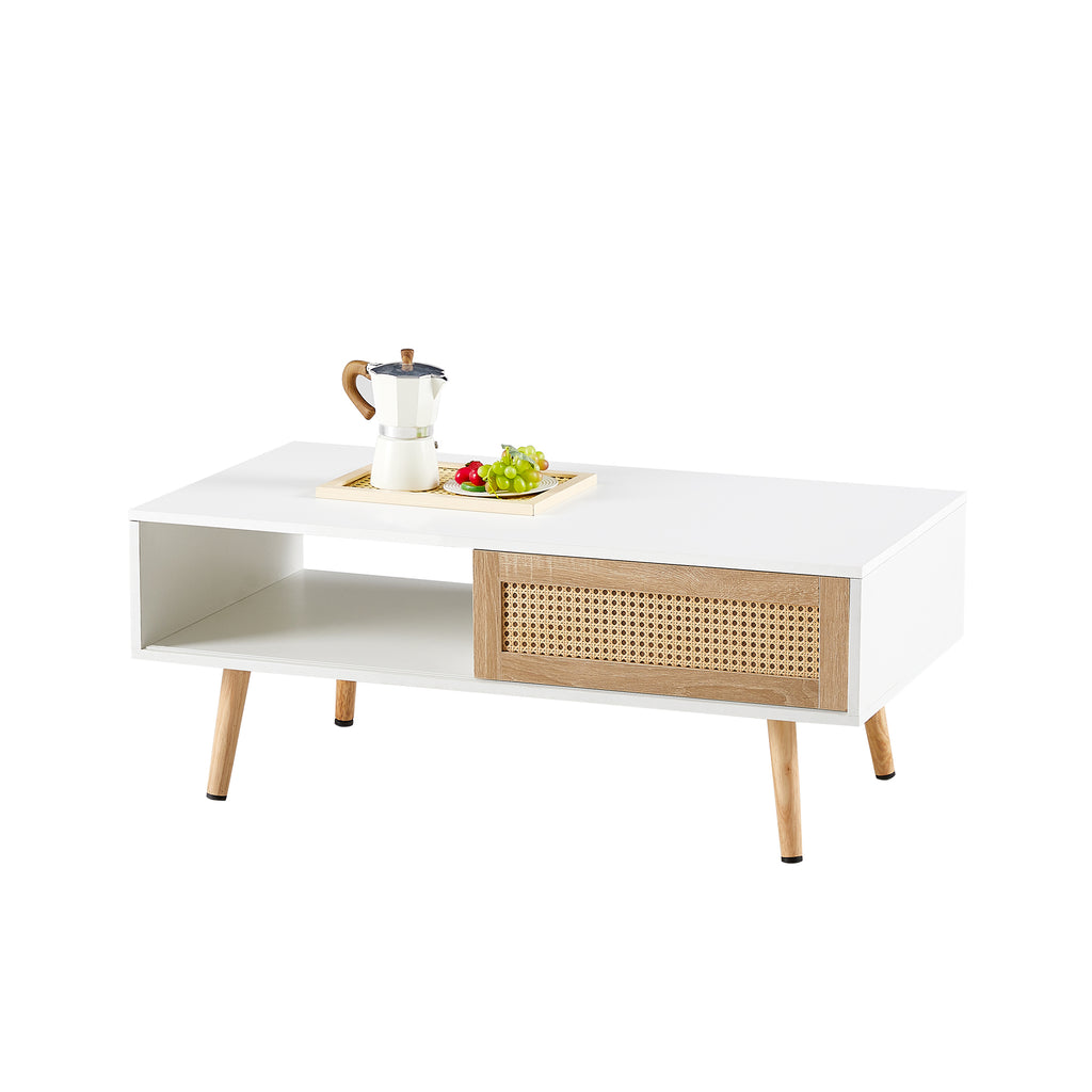 Leoglint 41.34" Rattan Coffee table, sliding door for storage, solid wood legs, Modern table  for living room ,White