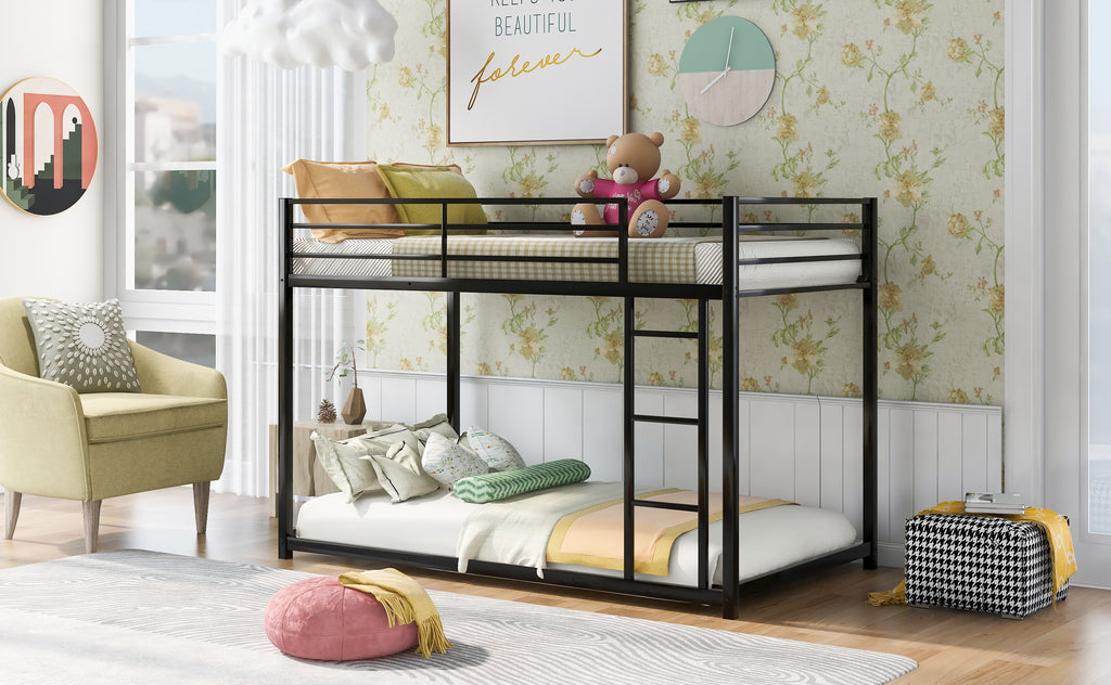 Leoglint Twin over Twin Metal Bunk Bed Frame, Low Bunk Bed with Ladder, Black(OLD SKU:WF282465AAB)