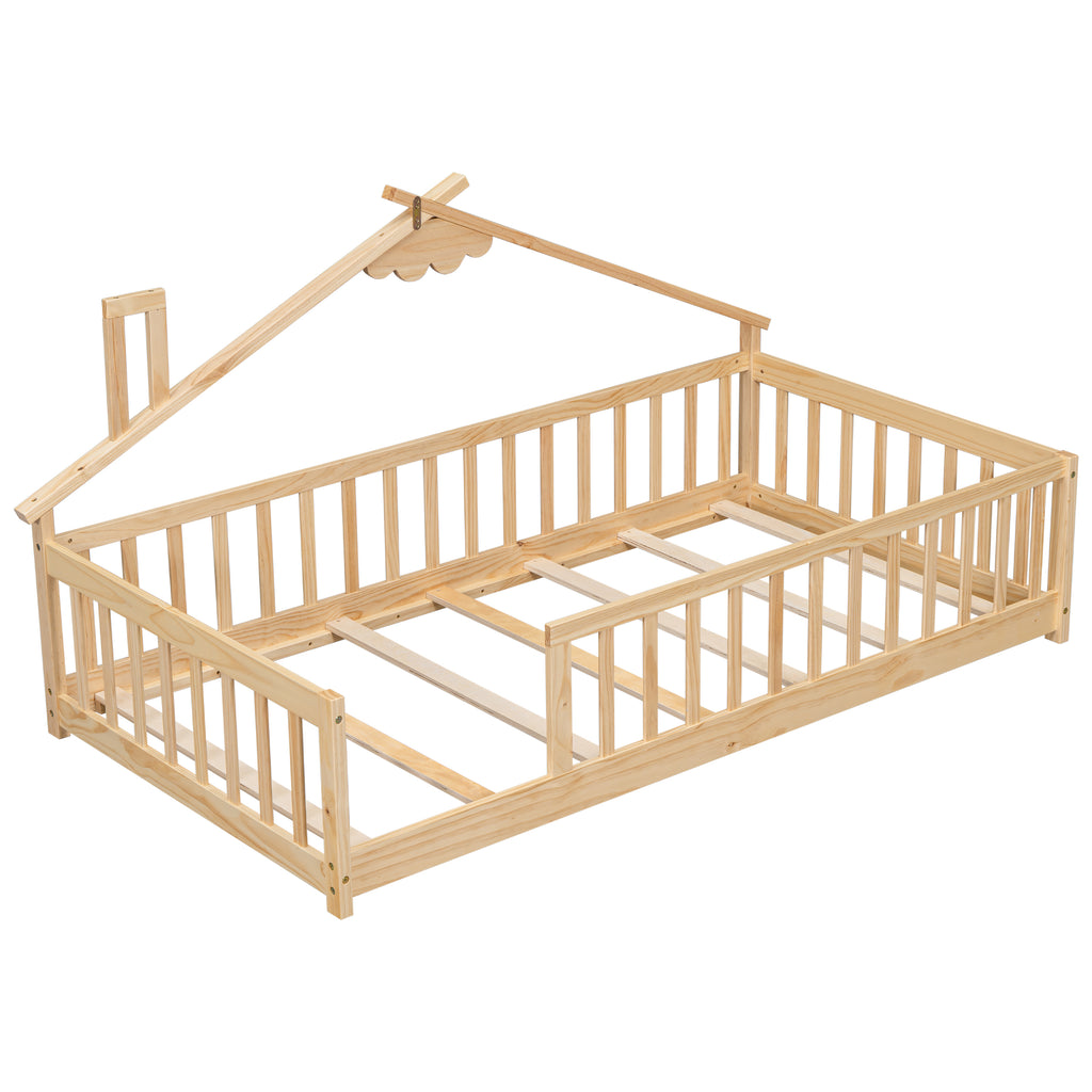 Twin House-Shaped Bedside Floor Bed Frame with Guardrails, Slats, without Door ,Natural